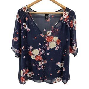 Torrid Floral Print Sheer Blouse Button Front V-Neck Women's Size 1 Navy Blue